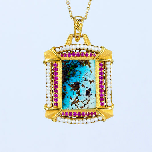 Square Firoza and Ruby Pendant